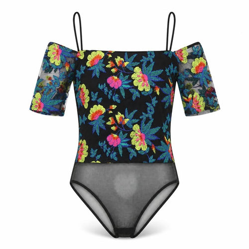 Topshop Womens Black Floral Polyester Bodysuit One-Piece Size 6 Snap