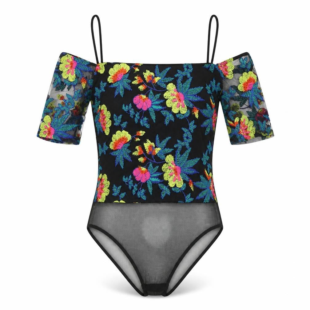 Topshop Womens Black Floral Polyester Bodysuit One-Piece Size 6 Snap