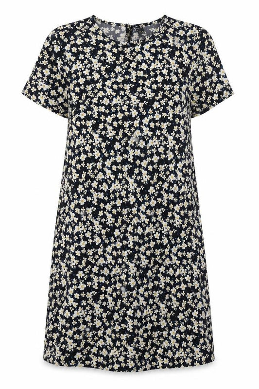 Front view of SHEIN women’s black floral polyester a-line, size M, round neck button