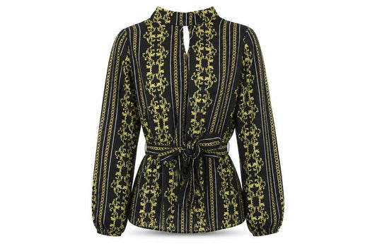 Front view of Select women’s black geometric polyester basic blouse, size UK 10, mock neck - keyhole neck