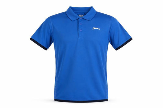 Front view of Slazenger men’s blue polyester polo, size XS, collared button