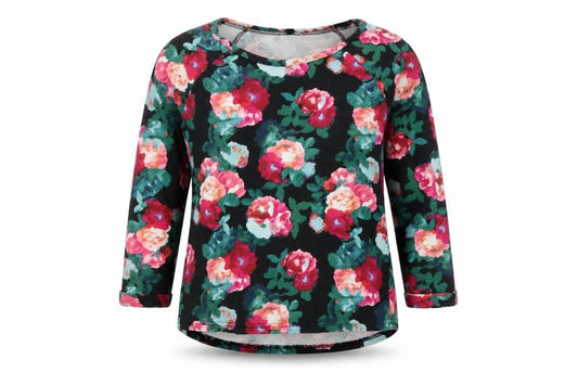 Front view of H&M women’s black floral 100% cotton basic blouse, size S, round neck - roses