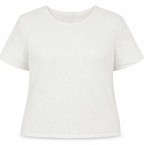 Agenda Womens White Geometric Nylon Basic T-Shirt Size 16 Round Neck