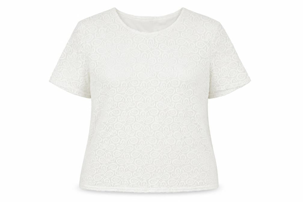 Agenda Womens White Geometric Nylon Basic T-Shirt Size 16 Round Neck