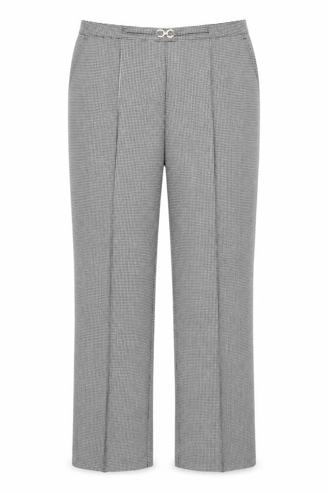 Front view of Damart women’s black geometric polyester trousers, size UK 16, regular
