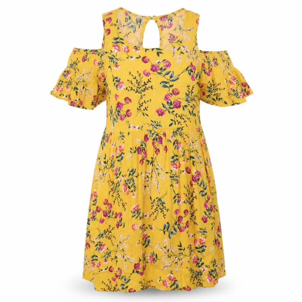 Glamorous Womens Yellow Floral Viscose A-Line Size S Round Neck Button