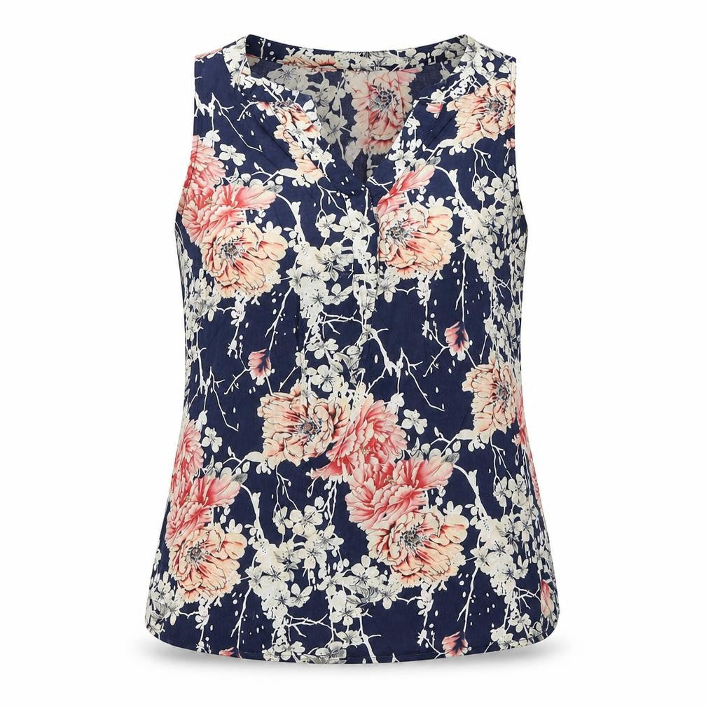 Front view of Anne Carson women’s blue floral viscose basic tank, size S, v-neck