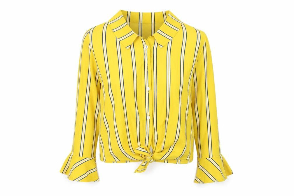 Front view of Preworn women’s yellow striped polyester basic button-up, size M, collared