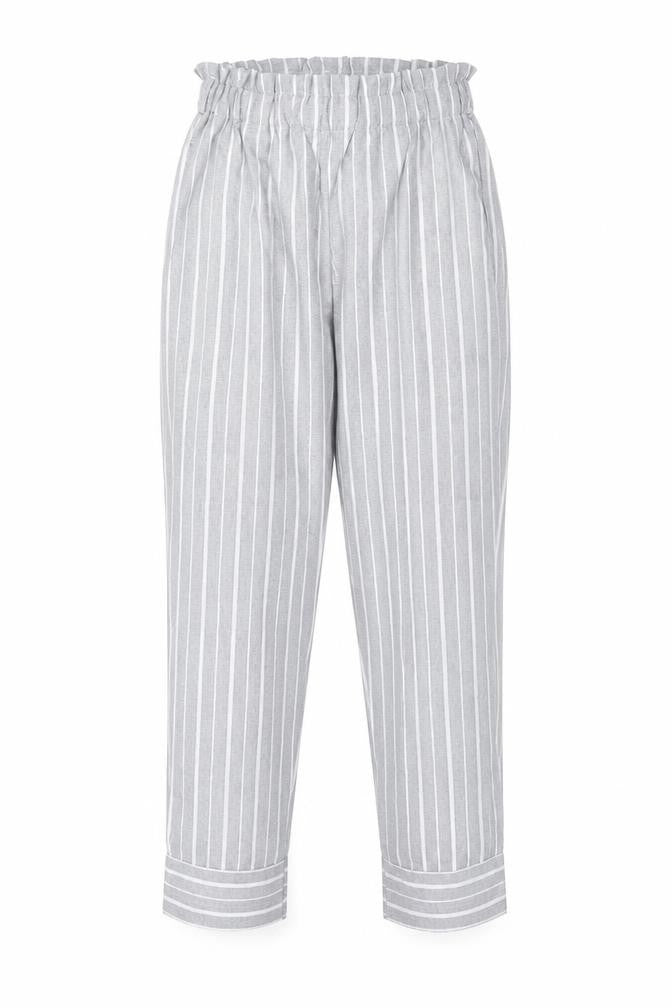 Front view of Zaful women’s grey striped polyester trousers, size UK 10, regular