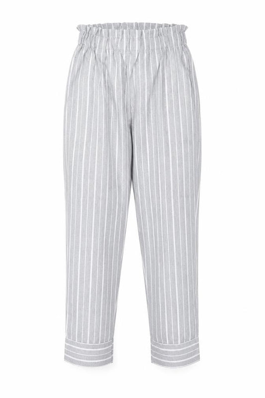 Front view of Zaful women’s grey striped polyester trousers, size UK 10, regular