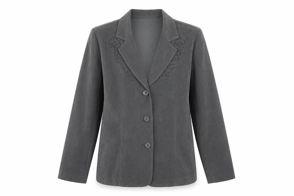 Front view of Dressbarn women’s grey jacket blazer, size M, button