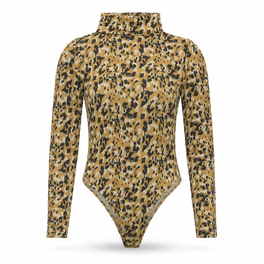 Front view of Primark women’s brown animal print polyester bodysuit one-piece, size XS, snap -, size UK 6-8, leopard print