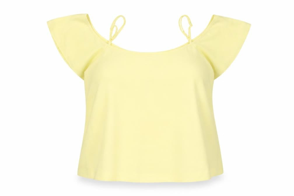 Front view of Miss Selfridge women’s yellow polyester basic tank, size UK 14, square neck - cold shoulder