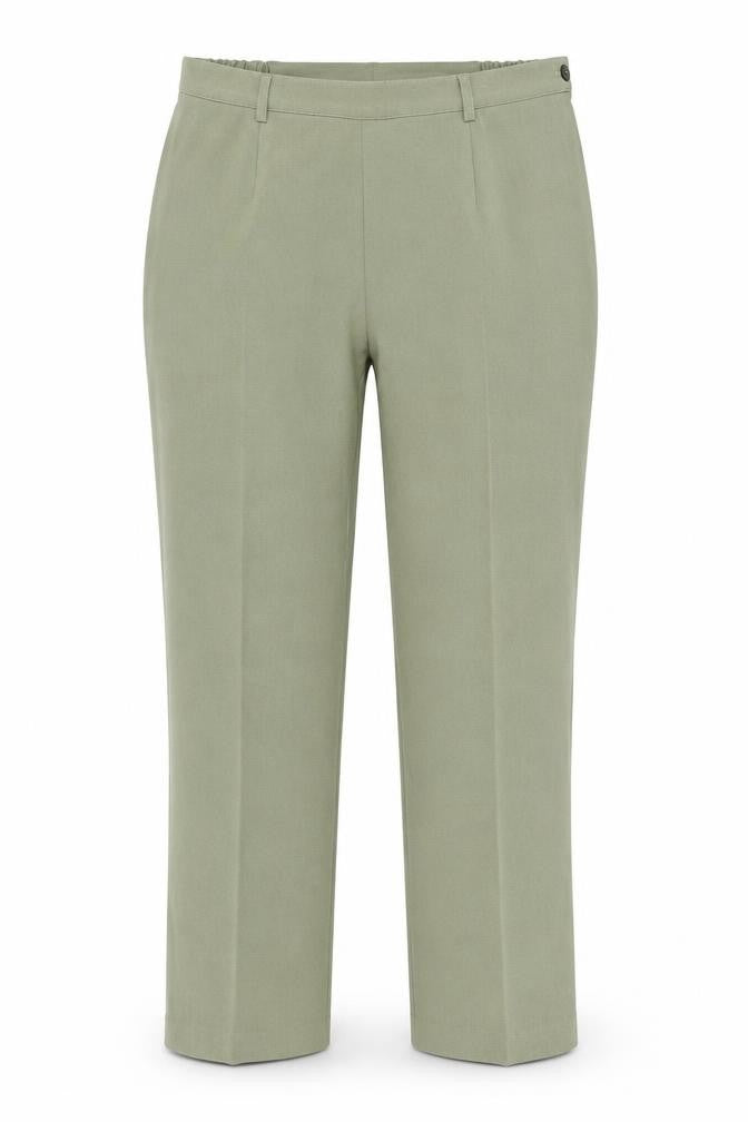 Front view of Essentials women’s green polyester trousers, size UK 16, regular button
