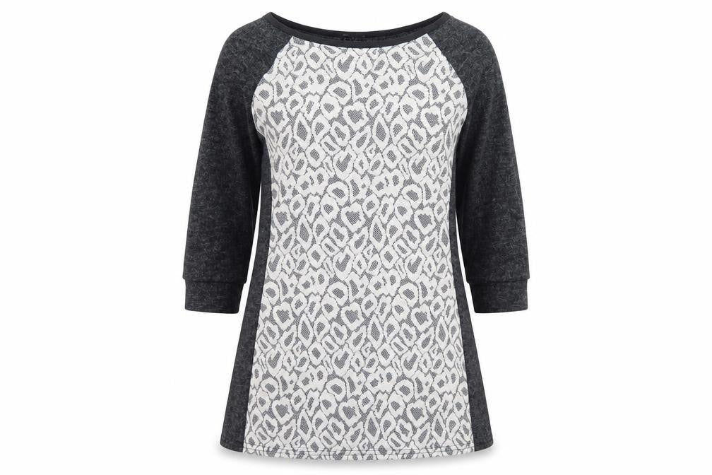 Front view of CMD women’s grey geometric polyester basic blouse, size UK 10, round neck - lace detail
