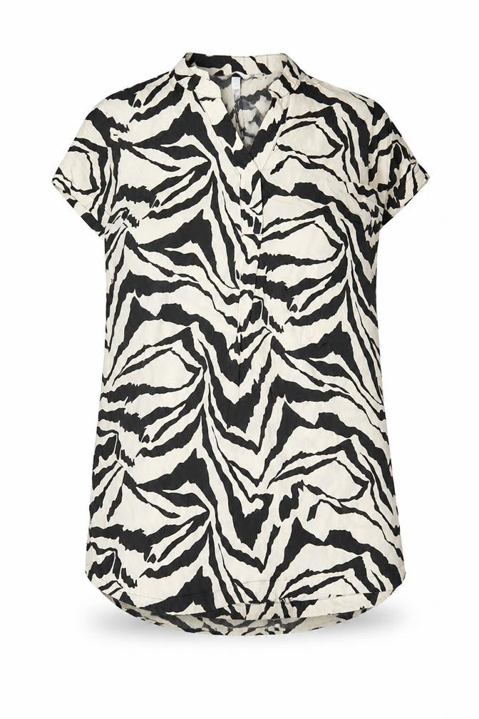Front view of H&M women’s brown geometric viscose shirt dress, size S, v-neck pullover