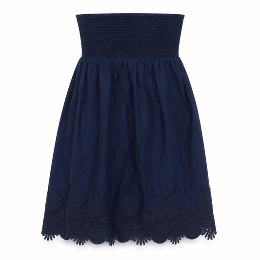 Front view of Next women’s blue cotton a-line, size UK 10, off the shoulder pullover - lace details