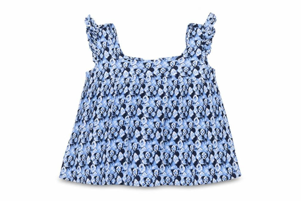 Front view of Papaya women’s blue geometric polyester cropped tank, size UK 16, square neck
