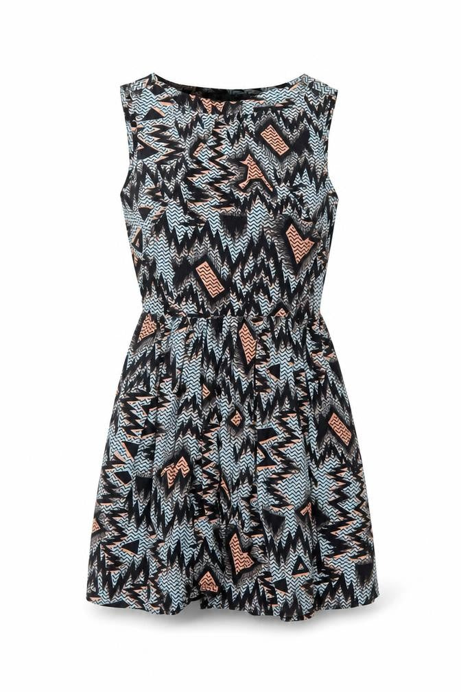 Front view of Topshop women’s multicoloured geometric viscose a-line, size UK 6, round neck pullover