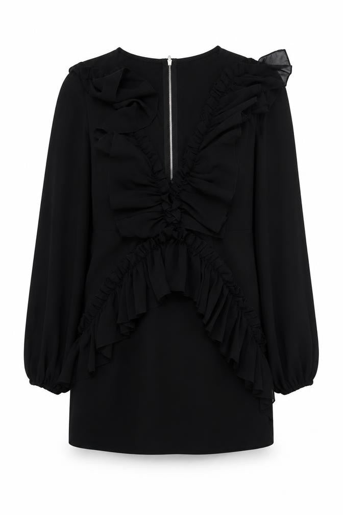 Front view of PRETTYLITTLETHING women’s black polyester bodycon, size UK 6, v-neck zip