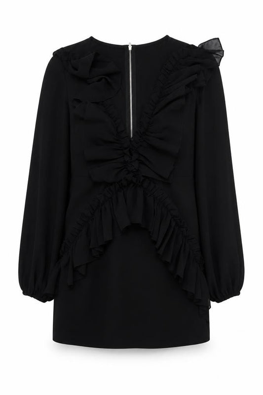 Front view of PRETTYLITTLETHING women’s black polyester bodycon, size UK 6, v-neck zip