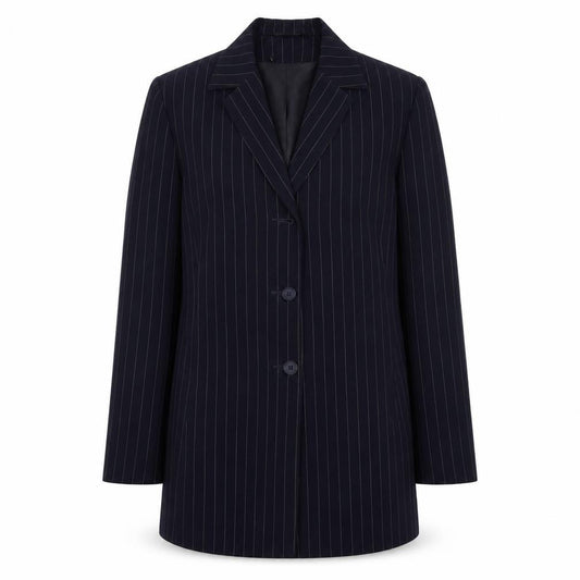Front view of Dunnes women’s blue pinstripe polyester jacket blazer, size UK 12