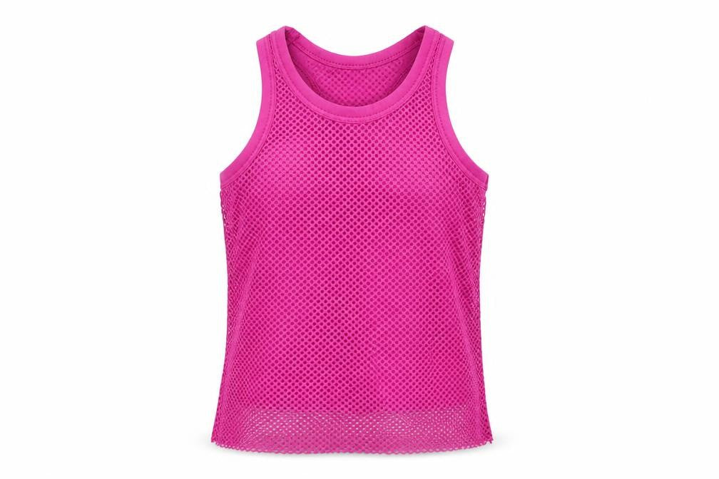 Front view of Young Dimension girls’ pink polyester basic tank, size 7-8, years round neck pullover