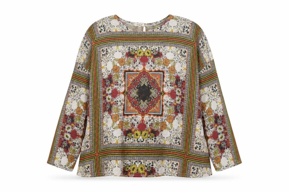 Front view of River Island women’s multicoloured geometric polyester basic blouse, size UK 6, round neck