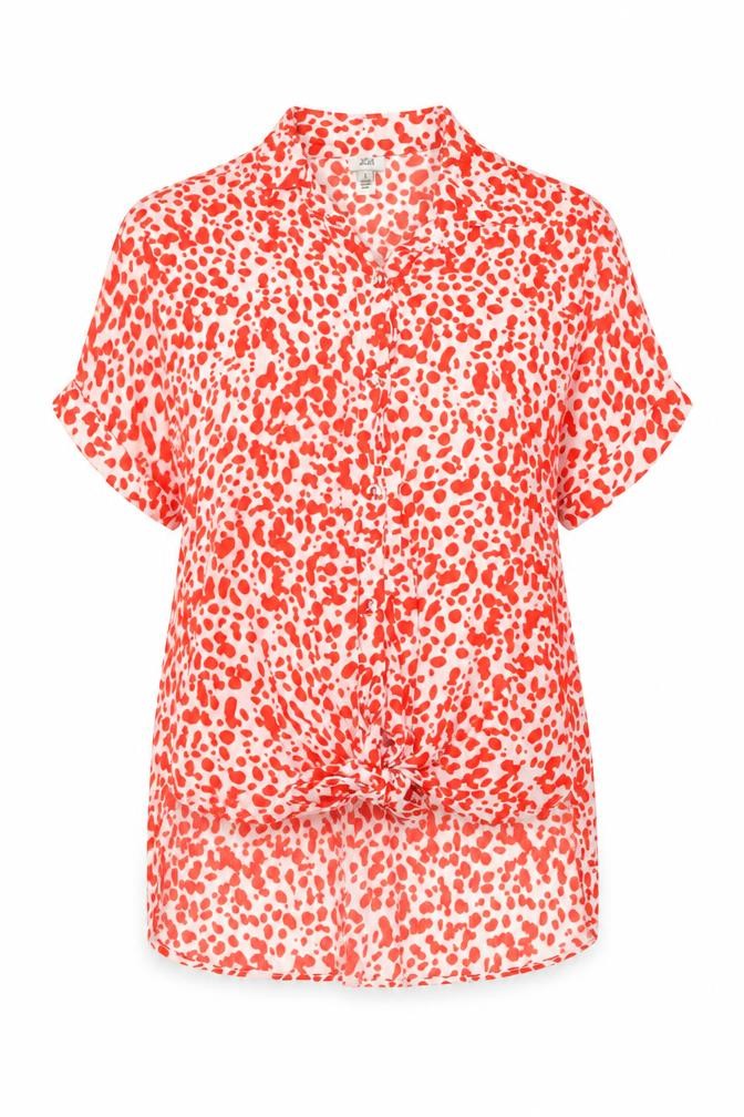 Front view of River Island women’s orange geometric polyester basic button-up, size UK 8, collared - knot front