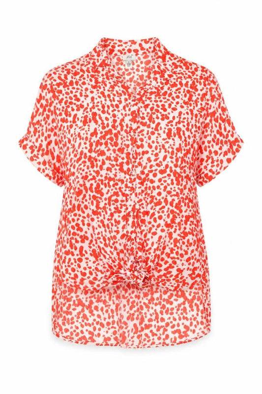 Front view of River Island women’s orange geometric polyester basic button-up, size UK 8, collared - knot front