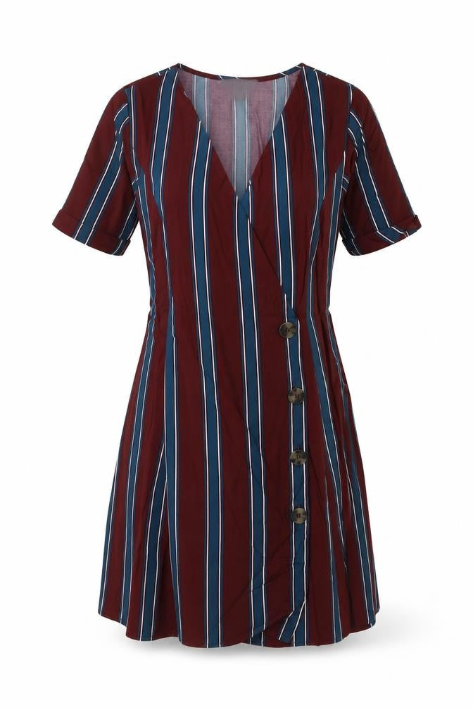 Front view of Primark women’s red striped viscose a-line, size UK 8, v-neck button