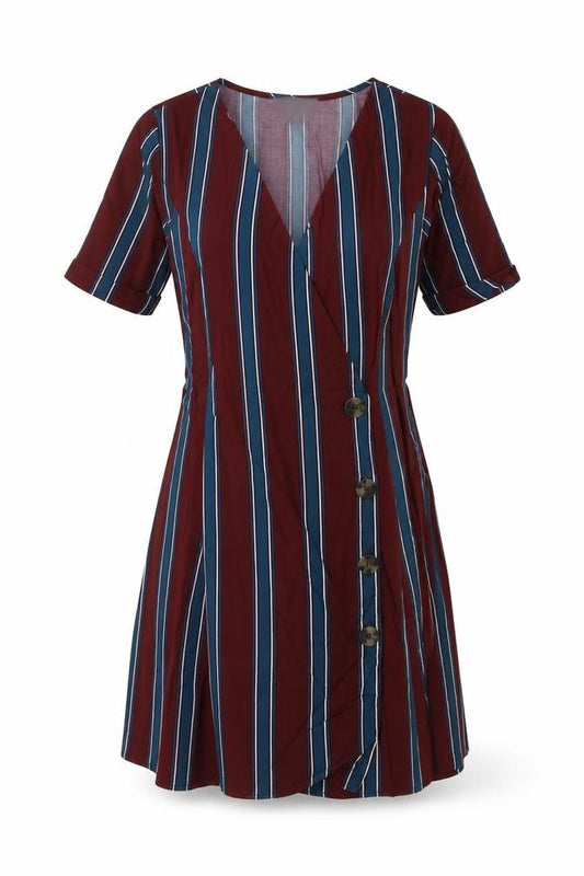 Front view of Primark women’s red striped viscose a-line, size UK 8, v-neck button