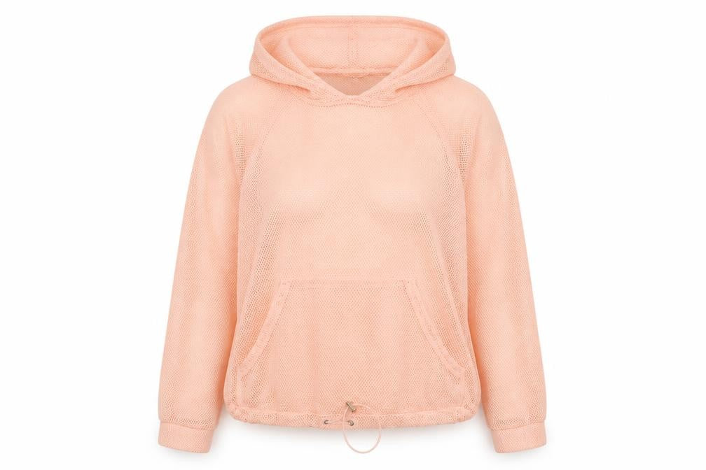 Front view of WorkOut women’s pink polyester pullover hoodie, size UK 10, pullover