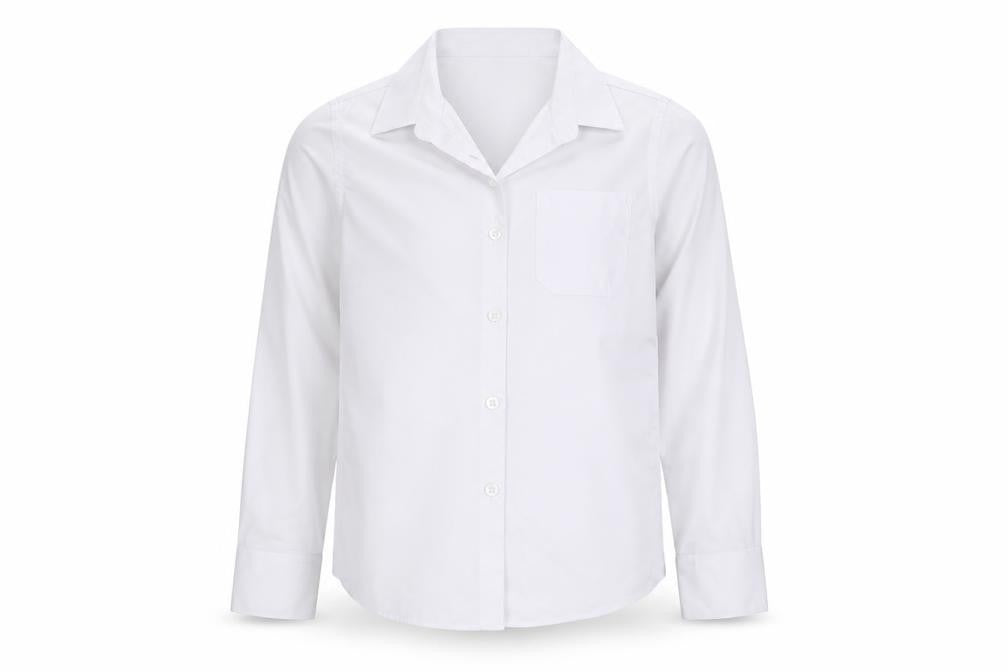 Front view of Marks & Spencer boys’ white cotton basic button-up, size 7-8, years collared button