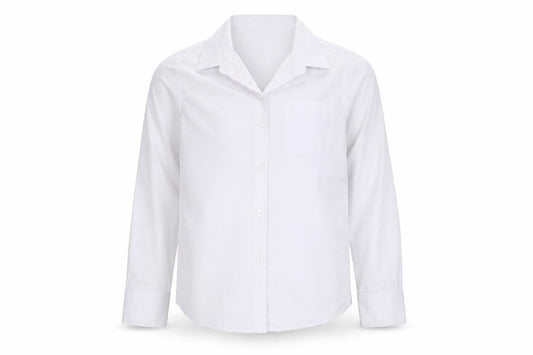 Front view of Marks & Spencer boys’ white cotton basic button-up, size 7-8, years collared button