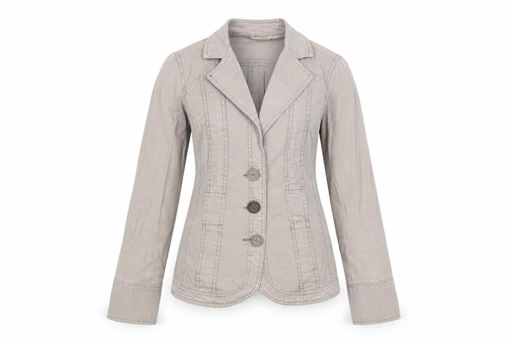 Front view of BHS women’s grey jacket blazer, size UK 10, buckle