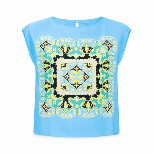 Mango Womens Blue Geometric Polyester Basic Blouse Size M Round Neck