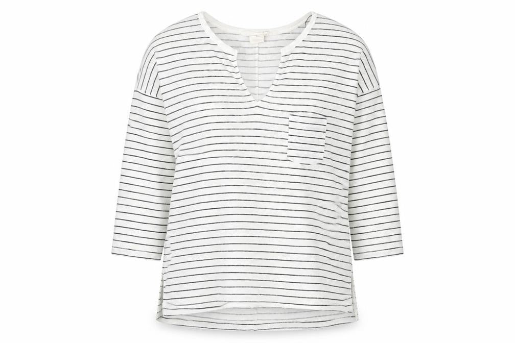 Front view of L.O.G.G women’s white v-neck striped polyester jumper, size M