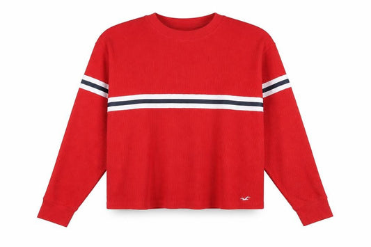 Front view of Hollister women’s red polyester pullover sweatshirt, size S, pullover