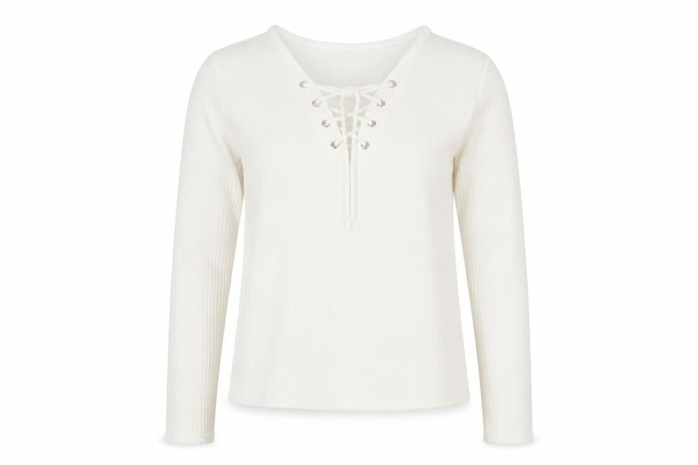 Front view of Divided by H&M women’s ivory viscose basic blouse, size S, v-neck