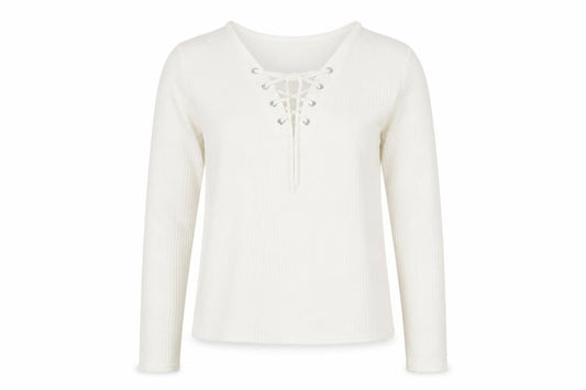 Front view of Divided by H&M women’s ivory viscose basic blouse, size S, v-neck