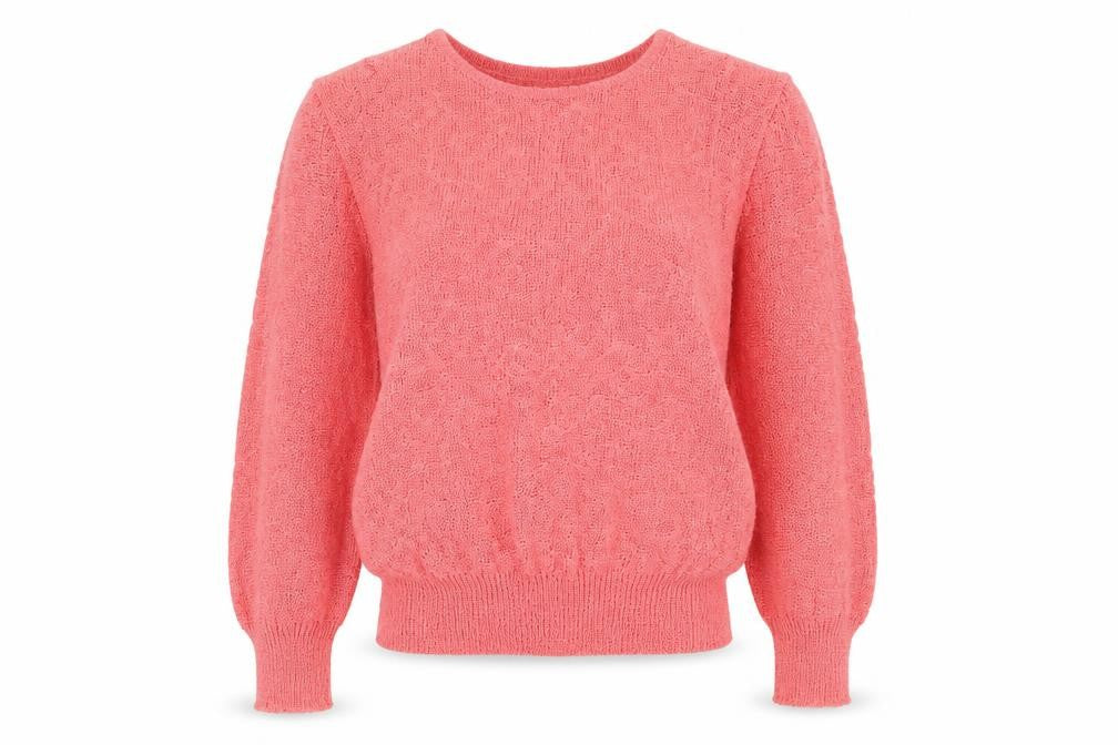 Front view of Quime women’s pink round neck acrylic jumper, size UK 10
