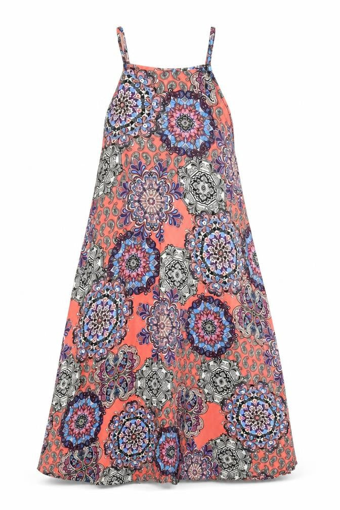 Front view of Atmosphere women’s multicoloured geometric viscose tank dress, size UK 8, square neck button