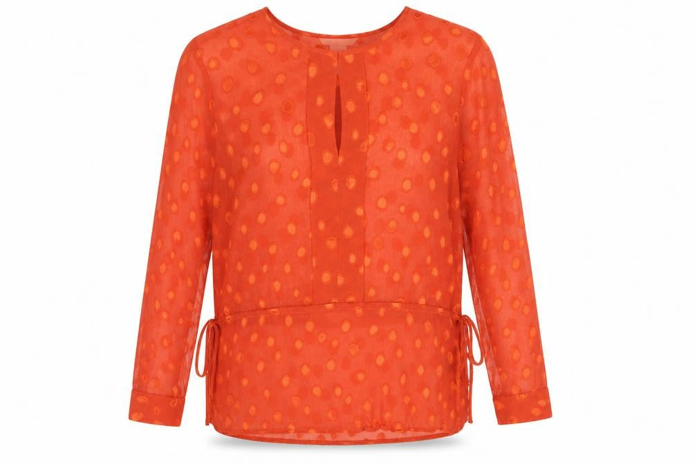 Front view of H&M women’s red geometric polyester basic blouse, size UK 10, round neck