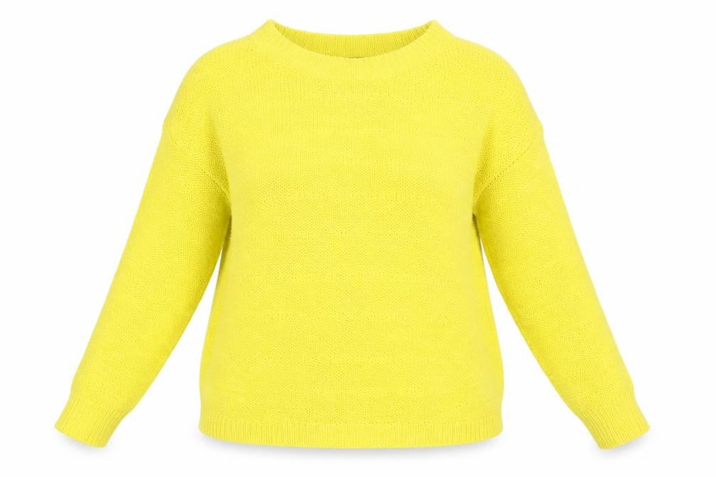 Front view of Atmosphere women’s yellow boat neck acrylic jumper, size UK 14
