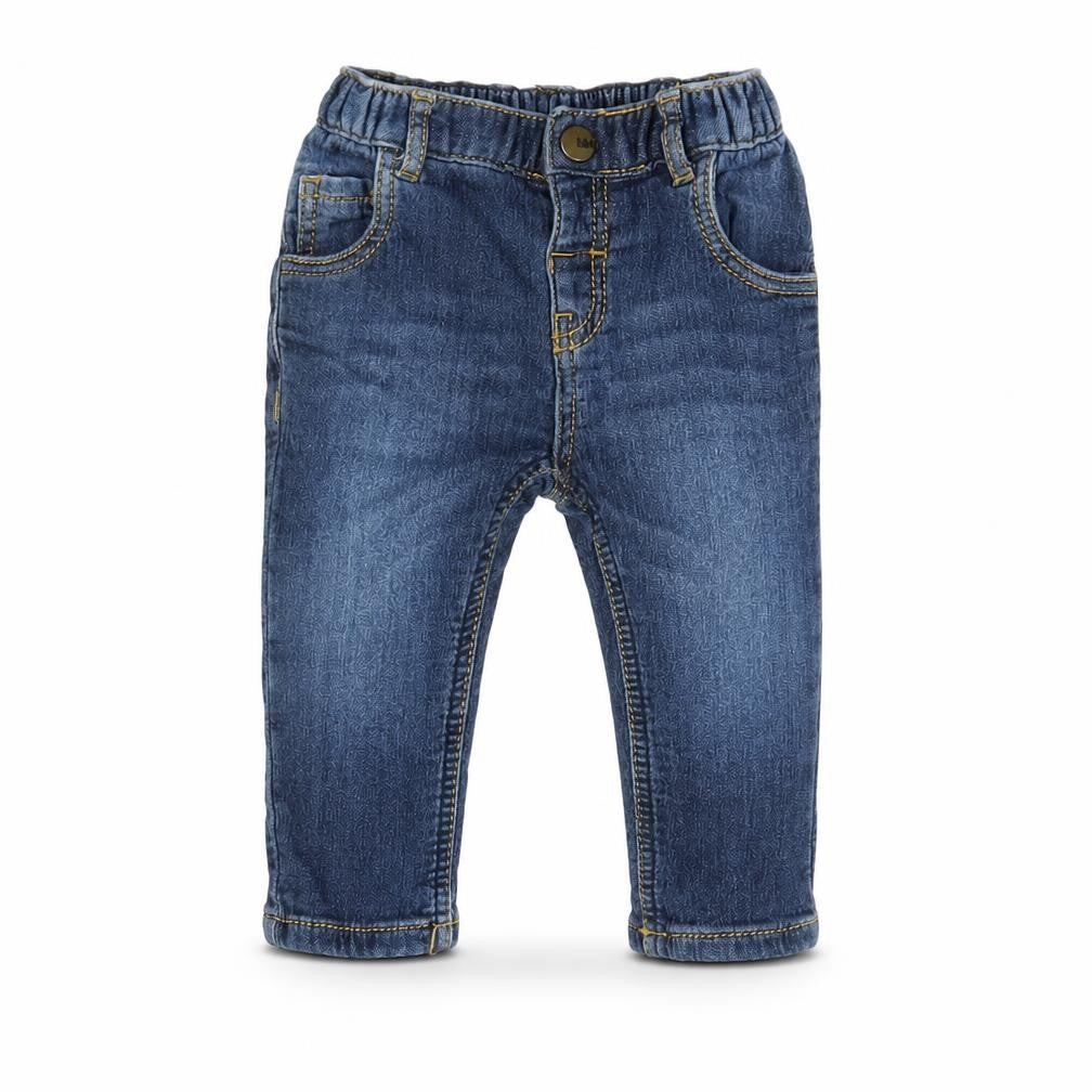 Front view of Nutmeg boys’ blue cotton jogger jeans, size 3-6, months pullover