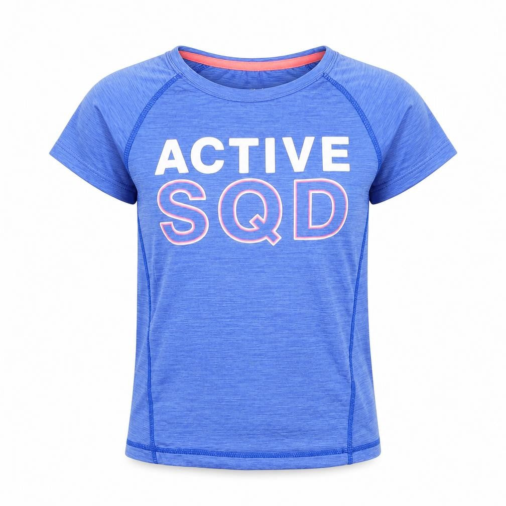 Front view of H&M girls’ blue polyester basic t-shirt, size 7-8, years round neck pullover - active squad