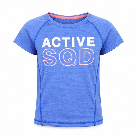 Front view of H&M girls’ blue polyester basic t-shirt, size 7-8, years round neck pullover - active squad
