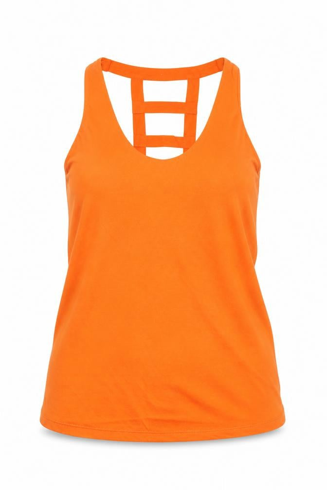 Front view of Atmosphere women’s orange polyester basic tank, size UK 6, v-neck - open back