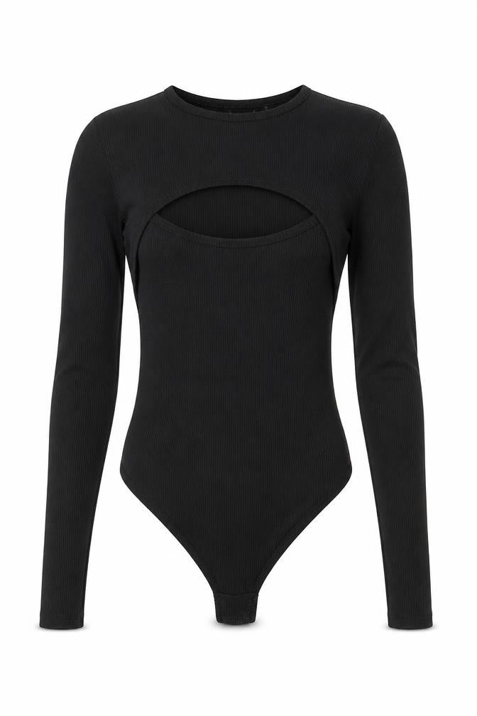 Front view of Boohoo women’s black polyester bodysuit one-piece, size UK 6, drawstring